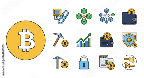 Flat line cryptocurrency icon set featuring bitcoin blockchain and digital wallet.