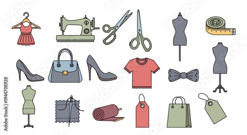 Flat vector icon set of sewing tools and fashion design accessories