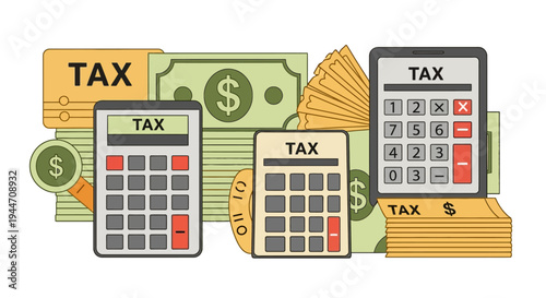 Vector illustration of tax payment calculation with calculators and dollar money bills