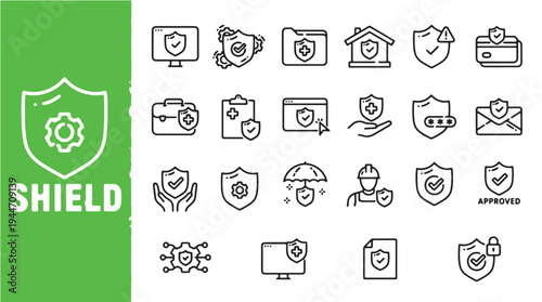 Security Shield Outline Icons Set for Digital Protection