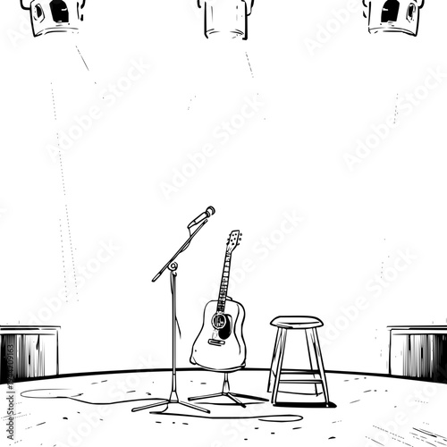 Guitar on Stage with Microphone and Stool