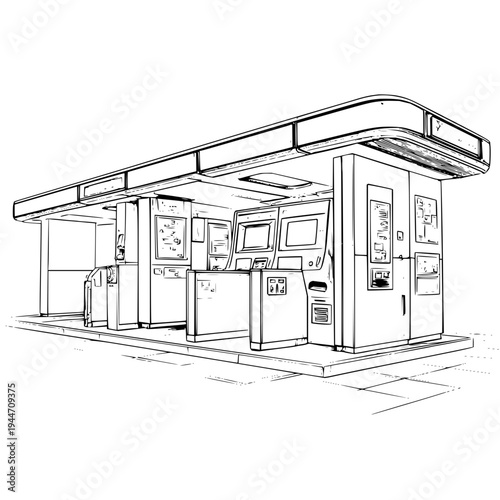 Convenience Store Sketch with Payment Terminals and Machines