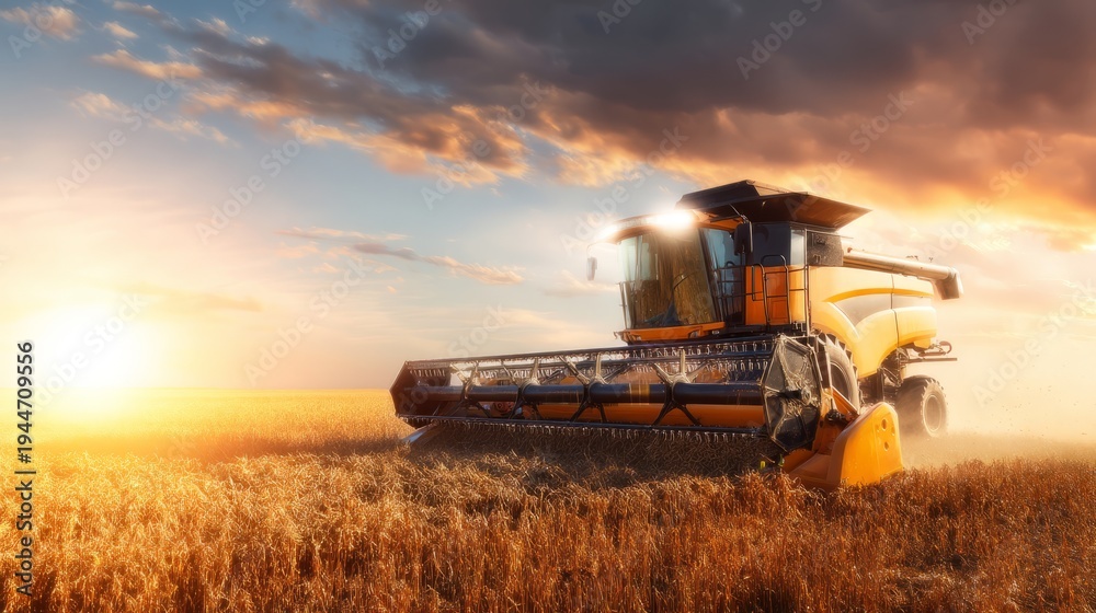 Fototapeta premium Combine Harvester Working in Golden Field Under Stormy Weather and Sunlight