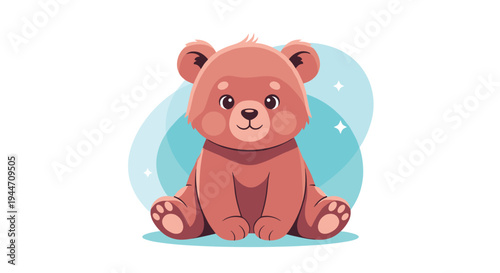 Adorable brown teddy bear sits calmly against a soft blue circular backdrop with small twinkling star details.
