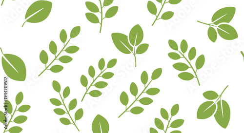 Seamless pattern of various green leaf branches and individual leaves is repeated on a white background.