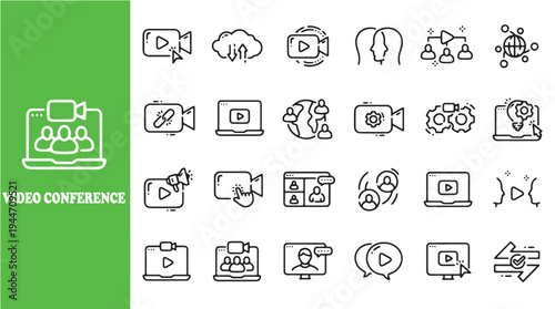 Video Conference Icons Set illustrating Online Communication and Remote Work in Line Art Style