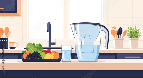 Modern kitchen scene displays a water filter pitcher and glass of water next to fresh fruit on a countertop.