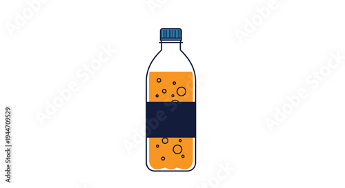 Clear plastic bottle is filled with bubbly orange soda and features a dark blue label on a white background.