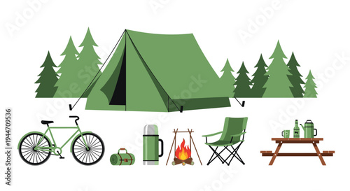 Green camping tent is pitched in a forest clearing with various outdoor gear and a campfire in the foreground.