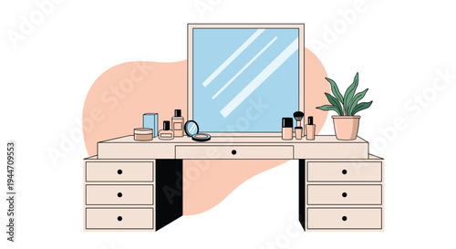 Stylish vanity desk includes a large square mirror, storage drawers, makeup accessories, and a potted plant.