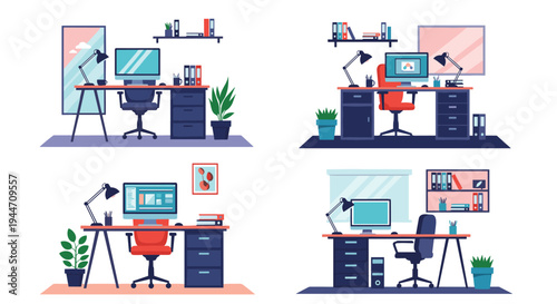 Four diverse office workspace configurations feature desks, ergonomic chairs, computers, and office storage.