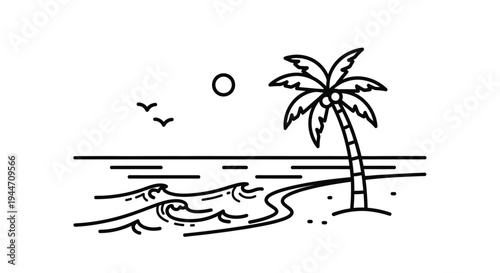 Minimalist Tropical Beach Scene Outline Illustration with Palm Tree and Ocean Waves