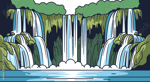 Majestic Serene Waterfall Landscape Illustration with Lush Green Foliage