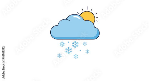 Weather icon illustrates a yellow sun partially hidden by a blue cloud with falling white snowflakes below.