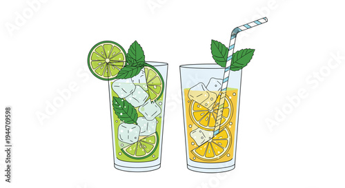 Two refreshing summer drinks including a mojito with lime and a lemon beverage are shown with ice and straws.