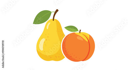 Fresh yellow pear and juicy orange peach with green leaves placed together in a vibrant vector illustration representing healthy fruit choices.