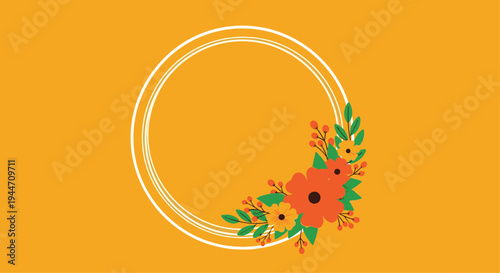 Decorative white circular frame adorned with a cluster of orange and yellow flowers with green leaves on a vibrant solid orange background.