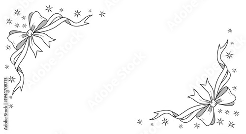 Monochrome illustration featuring elegant ribbons tied into bows and scattered stars decorating the upper left and lower right corners of the frame.