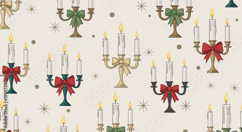 Seamless pattern featuring vintage candelabras with burning candles and colorful red, green, and beige bows on a light textured background.