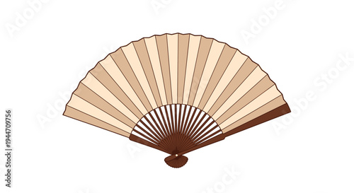 Elegant beige and brown wooden folding fan opened to show its pleated fabric or paper surface for cooling and fashion purposes.