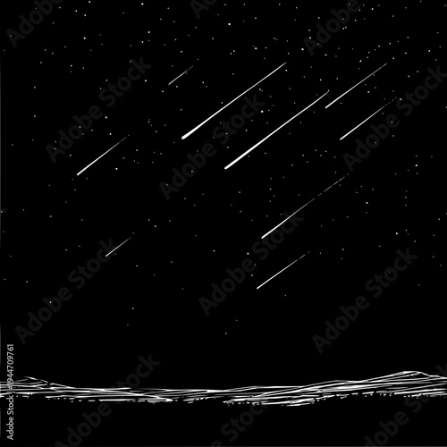 Meteor Shower Streaking Across Dark Starry Night Sky
