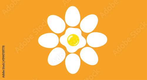 Creative graphic design of a flower shape with white eggs as petals and a fried egg in the center on a bright solid orange background.