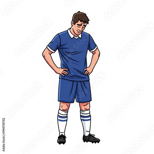 Disappointed Soccer Player in Blue Uniform Standing with Sad Expression After Losing Match