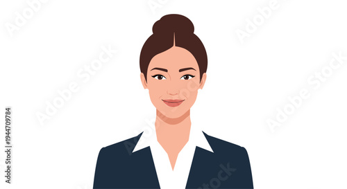 Professional portrait of a beautiful woman with dark hair in a bun wearing a dark blue business suit and a white collared shirt.