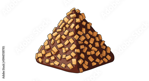 Tempting pyramid-shaped dark chocolate truffle generously covered with small pieces of golden brown nuts or biscuit crunch for a sweet treat.