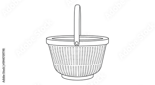 Simple line art illustration of a traditional woven wicker basket with a sturdy arched handle on a clean white background for coloring.