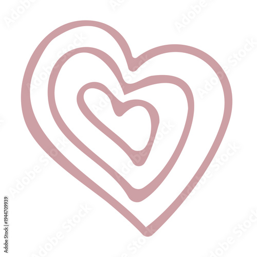 Hand-drawn concentric heart illustration in dusty rose pink. Simple romantic love symbol