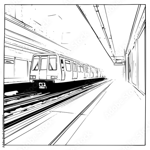 Subway Train Approaching Station Platform in Black and White