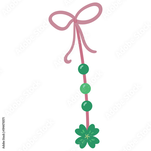 Pink Bow with Green Beads and Four-Leaf Clover Charm - St. Patrick's Day Decoration Vector