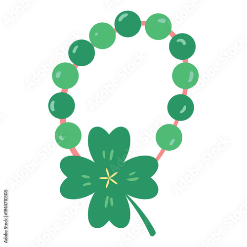St. Patrick's Day Lucky Green Beaded Necklace with Four-Leaf Clover Charm Illustration