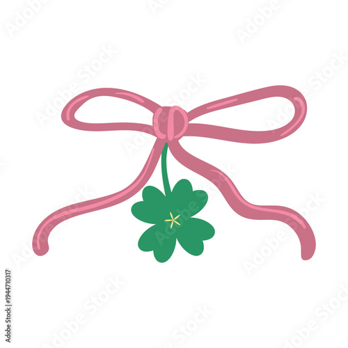 Pink Ribbon Bow with Lucky Four Leaf Clover Illustration
