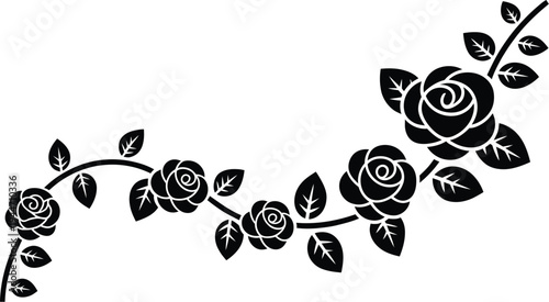 Rose floral border vector, elegant horizontal black rose design with stems leaves and blossoms for decorative frame and ornamental border.