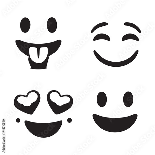 Minimalist black and white emoji elements collection with playful mouth and expressive eyes shapes