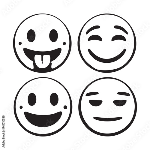 Circle emoji line art set with various expressions including tongue out smiling and bored face art