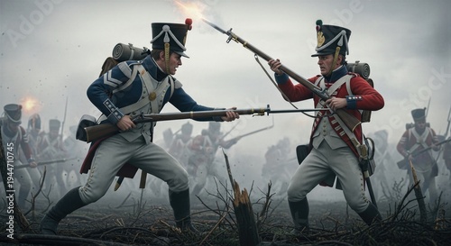 Napoleon era soldiers fighting on battlefield. Two infantrymen using muskets with bayonets during intense conflict. Historical combat in 19th century. Dramatic cinematic military fight scene.