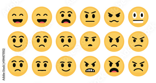Large collection of yellow face emojis displaying wide range of human emotions and expressions