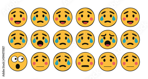 Big collection of yellow face emojis expressing sadness, crying, and neutral expressions