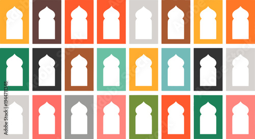 Seamless vector pattern of colorful islamic arches and mosque window silhouettes for ramadan kareem and eid greeting cards