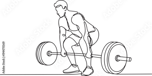 Athlete in deadlift pose with barbell continuous line drawing