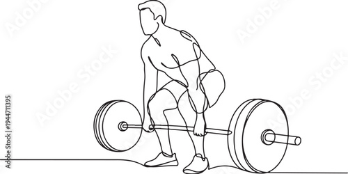 Man lifting heavy barbell in continuous line art style