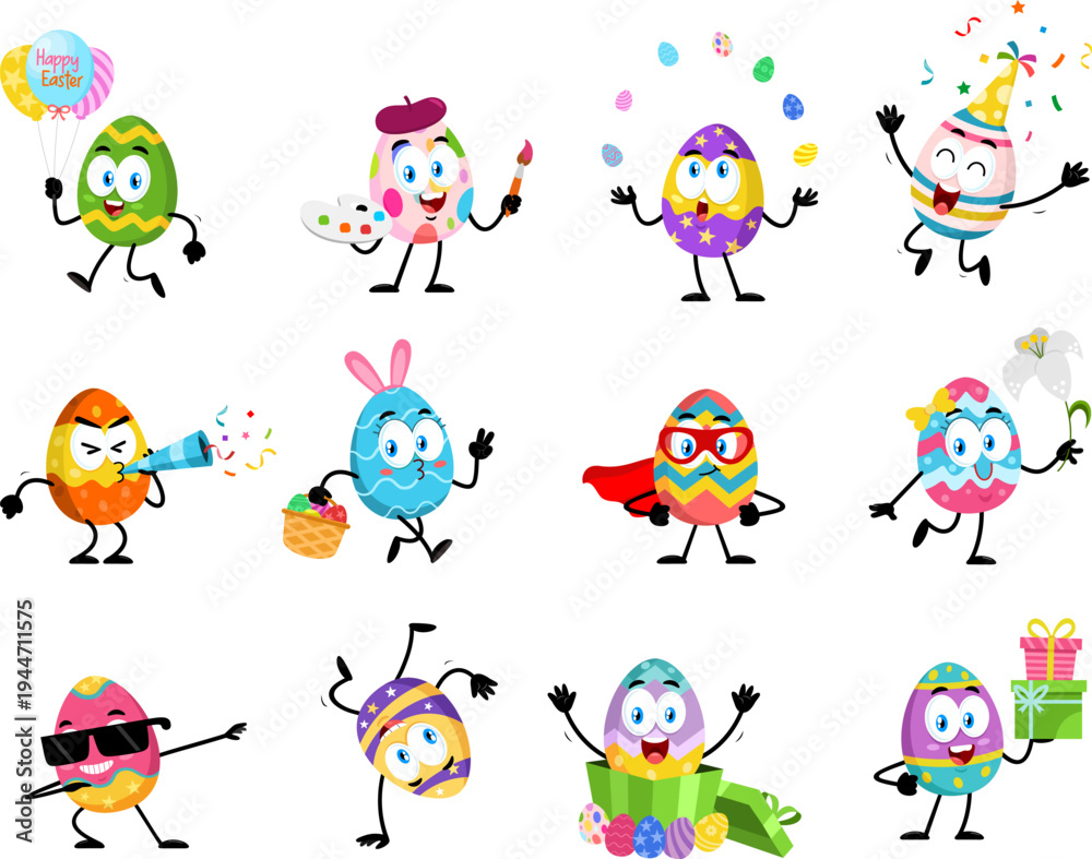 Fototapeta premium Easter Egg Cartoon Mascot Characters In Different Poses.Vector Flat Design Collection Set Isolated On Transparent Background