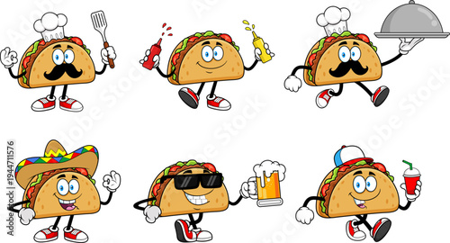 Taco Cartoon Mascot Characters In Different Poses. Vector Hand Drawn Collection Set Isolated On Transparent Background