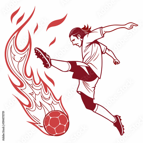 Intense Soccer Player with Red Dynamic Football in Flames, isolated on transparent background