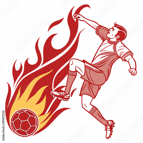 Intense Soccer Player with Red Dynamic Football in Flames, isolated on transparent background