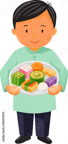 A young boy holds a plate of assorted traditional sweet pastries in his hands.