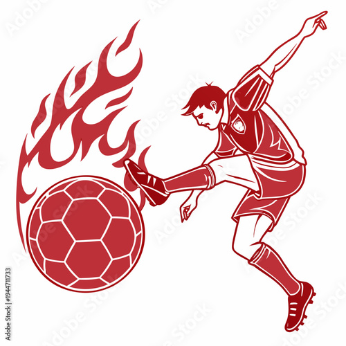 Intense Soccer Player with Red Dynamic Football in Flames, isolated on transparent background